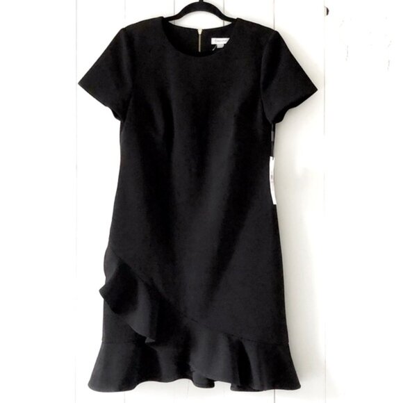 Calvin Klein Black Dress Ruffled Flirty Scuba Dress Size 10 - Picture 2 of 15